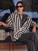 Women's Vintage Casual Vertical Stripe Print Henley neck Lantern Sleeve Loose Blouse ZMZ0253G8ZYY