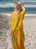 Women's Artistic Linen-Blend Asymmetrical Top & Floral Print Wide Leg Pants Two-Piece Set ZMZ2731D8YZH