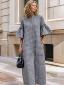 Women's Premium Vintage Black & White Checkered 100% Cotton Loose Mandarin Collar And Flared Sleeves Maxi Dress ZMZ0532F1ZYY