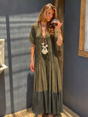 Women's Spliced Leopard Print V-Neck Short-Sleeve Maxi Dress ZMZ1462E6XT