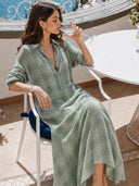 Women's Retro Casual Plaid Print Cotton Linen Shirt Long Sleeve Midi Dress ZMZ2304E8ZJY