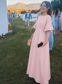 Women's Retro Elegant Simple Cotton Linen Ruffle Five-Quarter Sleeve Midi Dress ZMZ0549C9TO