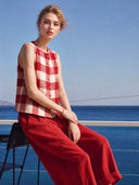 Women's Retro Casual Cotton Linen Plaid Sleeveless Top And Pants Set ZMZ1232F6ZJY