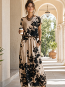 Women's Retro Casual Color Block Print Round Neck Short Sleeve Midi Dress ZMZ2112D2ZJY