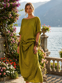 Women's Vintage Cotton-Linen Round-Neck Short-Sleeve Maxi Dress ZMZ0279E8XT