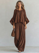 Women's Retro-Style Brown Outfit Set: 3/4-Sleeve Top And Elastic-Waist Pants ZMZ1240E1SWL