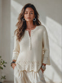 Women's French-style Elegant Henley Flared Cuffs Sweater ZMZ0988I3ZYY