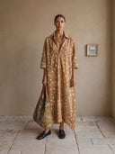 Women's American Retro Casual Faux Suede Printed V-Neck Flared-Sleeve Loose Maxi Dress ZMZ0691H0ZYY