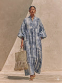 Women's French-style Elegant Henley Neck And Lantern Sleeves Cotton-linen Printed Loose Maxi Dress ZMZ2499G9ZYY