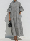 Women's Premium Vintage Black & White Checkered Loose Mandarin Collar And Flared Sleeves Maxi Dress ZMZ0532F1ZYY