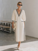 Women's Classic Cotton V-Neck Color-Block Striped Midi Dress ZMZ3061G9SWL