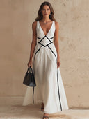 Women's Stylish White Deep V-Neck Sleeveless Ankle-Length Maxi Dress ZMZ2891D3U