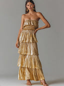 Women's Pleated Sleeveless Gold Ruffle Maxi Dress ZMZ2475D4XT