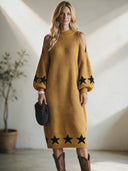 Women's Classic Vintage Casual Loose Midi Dress With Stand Collar, Lantern Sleeves, Shoulder Cutouts, And Star Jacquard Pattern ZMZ0411I2ZYY
