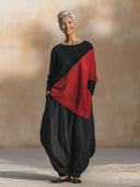 Women Art Color‑Block 2 Piece Outfit, Asymmetrical Loose Top & Oversized Harem Pants Set, Casual Lagenlook Matching Suit ZMZ0648H9YZH