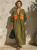 Women's Classic Casual Color-Block Cotton-Linen With Henley Neck And Lantern Sleeves Maxi Dress ZMZ0276G8ZYY