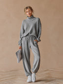 Women's Vintage Casual Cotton-Knit Mock-Neck Long-Sleeve Top And Pants Set ZMZ1190H9ZJY