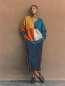 Women's Retro Casual Color-Block V-Neck Loose Sweater ZMZ0732H1ZYY
