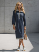 Women's Stylish Navy Blue High-Stretch Cotton Long-Sleeve Sweatshirt Dress ZMZ2700G7SWL