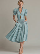 Women's Vintage-Elegant Solid-Color Short-Sleeve A-Line Midi Dress ZMZ2854D9XT