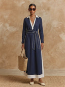 Women's Cotton-Linen Color-Block V-Neck Maxi Dress ZMZ1833H0XT
