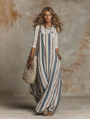 Women's Striped Cotton And Linen Overalls Maxi Dress ZMZ3174H7XT