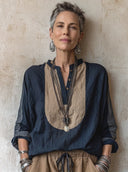 Women's Classic Cotton-Linen V-Neck Color-Block Long-Sleeve Top ZMZ0590H2SWL