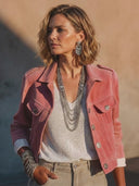 Women's Classic Pink Faux Suede Cropped Button-Front Jacket ZMZ1216H9SWL