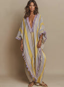 Women's Vintage Casual V-Neck, Short Sleeve, Color-Block Stripes Cotton-Linen Maxi Dress ZMZ0977E5ZYY