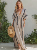 Women's Vacation-Style Striped Print V-Neck Short-Sleeve Maxi Dress ZMZ2828D8XT