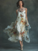 Women's Organza Butterfly-Print Round-Neck Sleeveless Midi Dress ZMZ2836D0XT