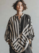 Women's Classic Casual Striped Print Cotton-linen Blend Loose-Fit Long-Sleeve Henley Shirt ZMZ0253G8ZYY