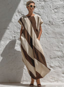 Women's Premium Minimalist Cotton-Linen Striped Print Round-Neck Short Sleeve Maxi Dress ZMZ1296E7ZYY