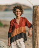 Women's Casual Color-Block Linen V-Neck T-Shirt ZMZ0164I6XT