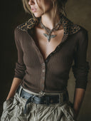 Women's Retro Casual Ribbed Knit Leopard Print Cardigan ZMZ1896H0ZJY