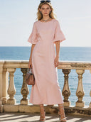 Women's Retro Elegant Simple Cotton Linen Ruffle Five-Quarter Sleeve Midi Dress ZMZ0549C9TO