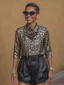 Women's Leopard Print Cowl Neck 3/4 Sleeve Shirt ZMZ1776H0XT