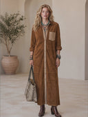 Women's Classic American Western Vintage Faux Suede Long-Sleeve Single-Breasted Maxi Dress ZMZ1090H2ZYY