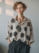 Women's Vintage Casual Cotton-Linen Polka-Dot V-Neck Long-Sleeve Shirt ZMZ0776G7ZYY