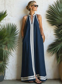 Women's Classic Cotton Color-Block Sleeveless V-Neck Loose-Fit Maxi Dress ZMZ2526E3SWL
