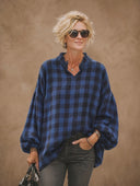 Women's Vintage Casual Stand Collar And Lantern Sleeves Loose-Fit Cotton Plaid Shirt ZMZ1454H9ZYY