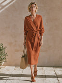 Women's V-Neck Batwing Sleeve Wrap Tie Waist Knit Midi Sweater Dress ZMZ0833I3YZH