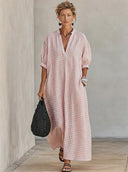Women's Premium Minimalist Pink-and-White Check With Henley Neck And Short Sleeves Cotton-Linen Loose-Fit Maxi Dress  ZMZ1216F6ZYY