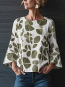Women's Retro Casual Color Block Leaf Print Crew Neck Long Sleeve Shirt ZMZ0320H3ZJY