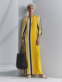 Women's Casual Cotton-Linen Printed Vertical-Stripe Round Neck And Lantern Sleeves Loose Maxi Dress ZMZ3069G8ZYY
