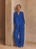 Women's Linen Long-Sleeve V-Neck Top And Wide-Leg Pants Two-Piece Set ZMZ2756G5XT