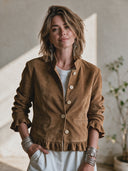 Women's American Retro Casual Faux Suede Single-Breasted Jacket With Stand Collar And Ruffle Detail ZMZ0470I2ZYY