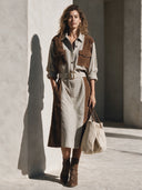 Women's Stylish Cotton And Faux Suede Panel Long-Sleeve Midi Dress (Belt Included) ZMZ2809H1SWL