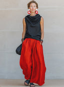 Women's Retro Casual Set: Cowl-Neck Satin Sleeveless Top And Cotton-Linen Wide-Leg Pants ZMZ1903E8ZYY