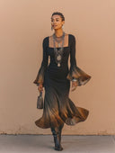 Women's Stylish Gradient Print Slim-Fit High-Stretch Long-Sleeve Midi Dress ZMZ0612H9SWL